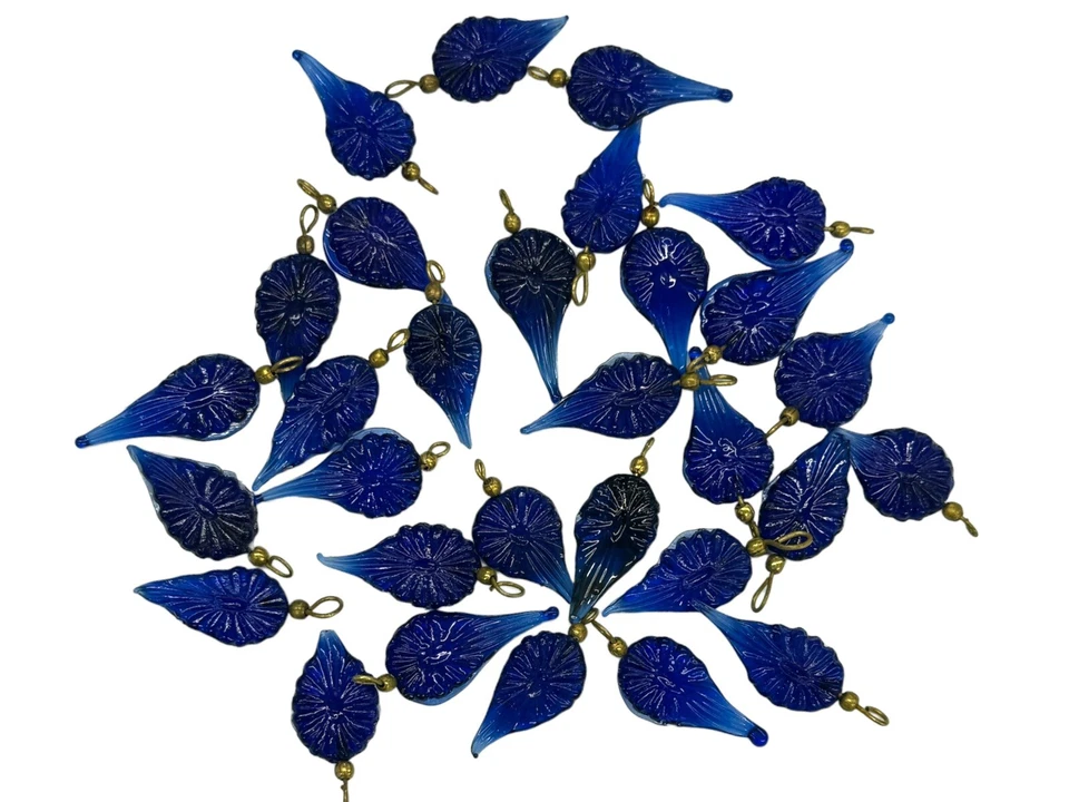 30 Vintage India Glass Cobalt Blue Leaf Pendants Beads Charms w/Brass Loop - Image 2 of 4