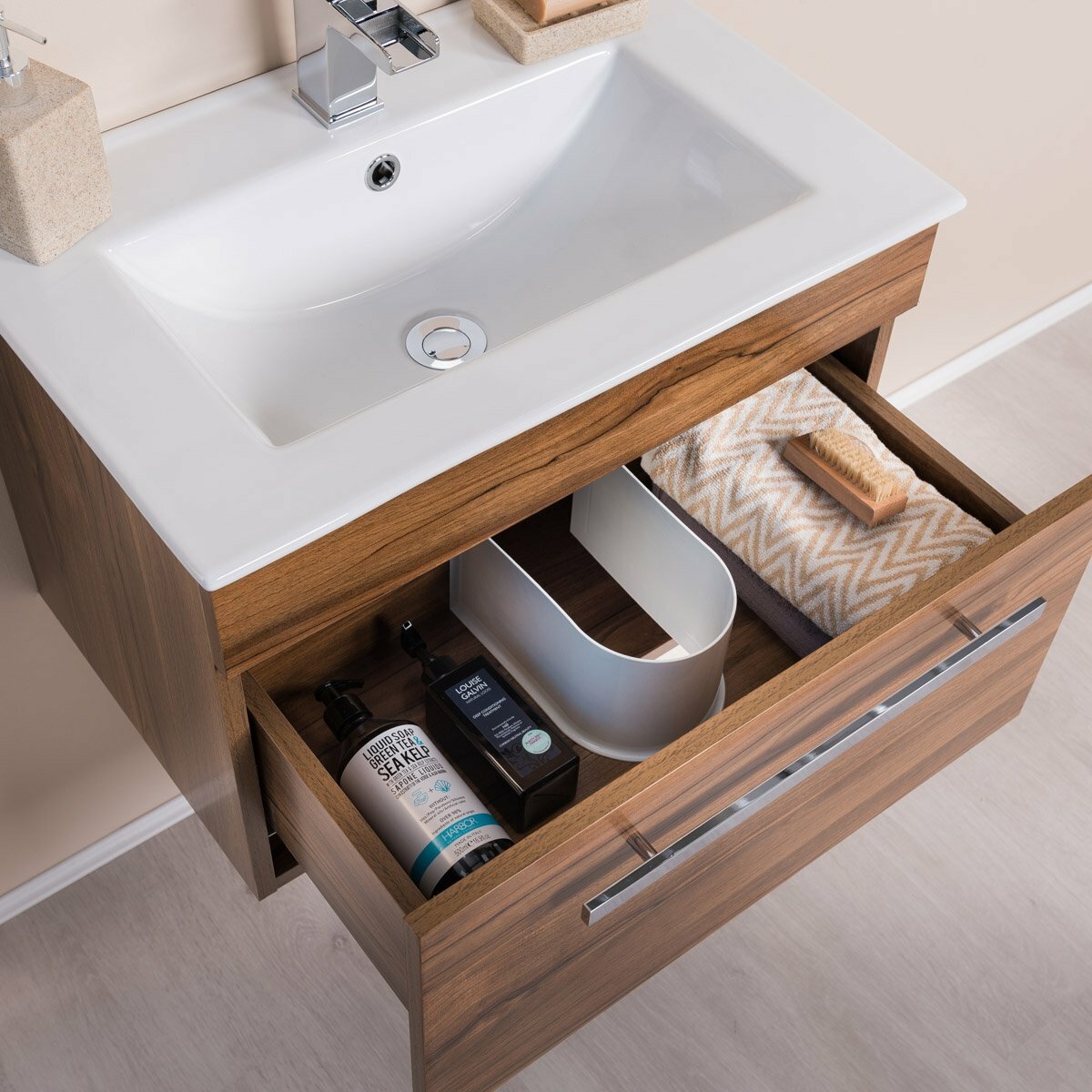 Walnut 600mm Wall Hung Vanity Unit & Basin with Soft Closing Drawers