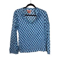 Tory Burch Women Tunic blouse blue & white geometric diamond pattern Sz.2