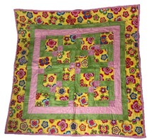 Hand Made Quilt Lap Blanket Wall Hanging Pink Green Yellow Butterflies 37 Sq