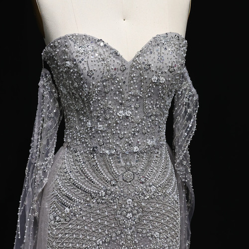 Luxury Gray Dubai Evening Dress with Cape Long Sleeves for Women Wedding Party - Picture 9 of 10