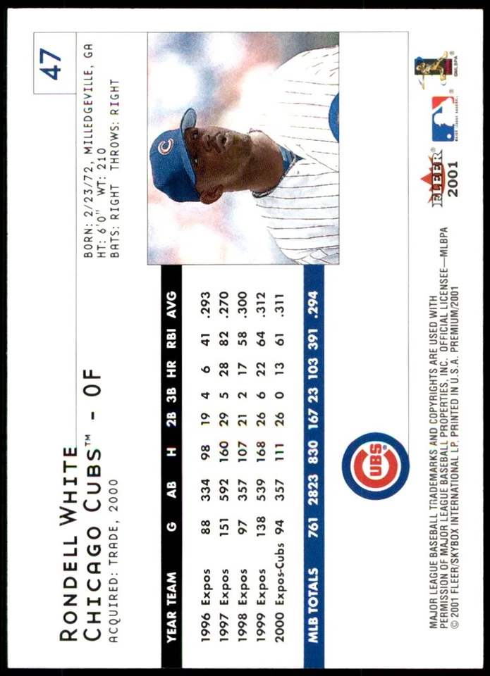 Rondell White 2001 Fleer Premium #47 Cubs MLB READ FREE SHIPPING AutographDen - Image 2 of 2