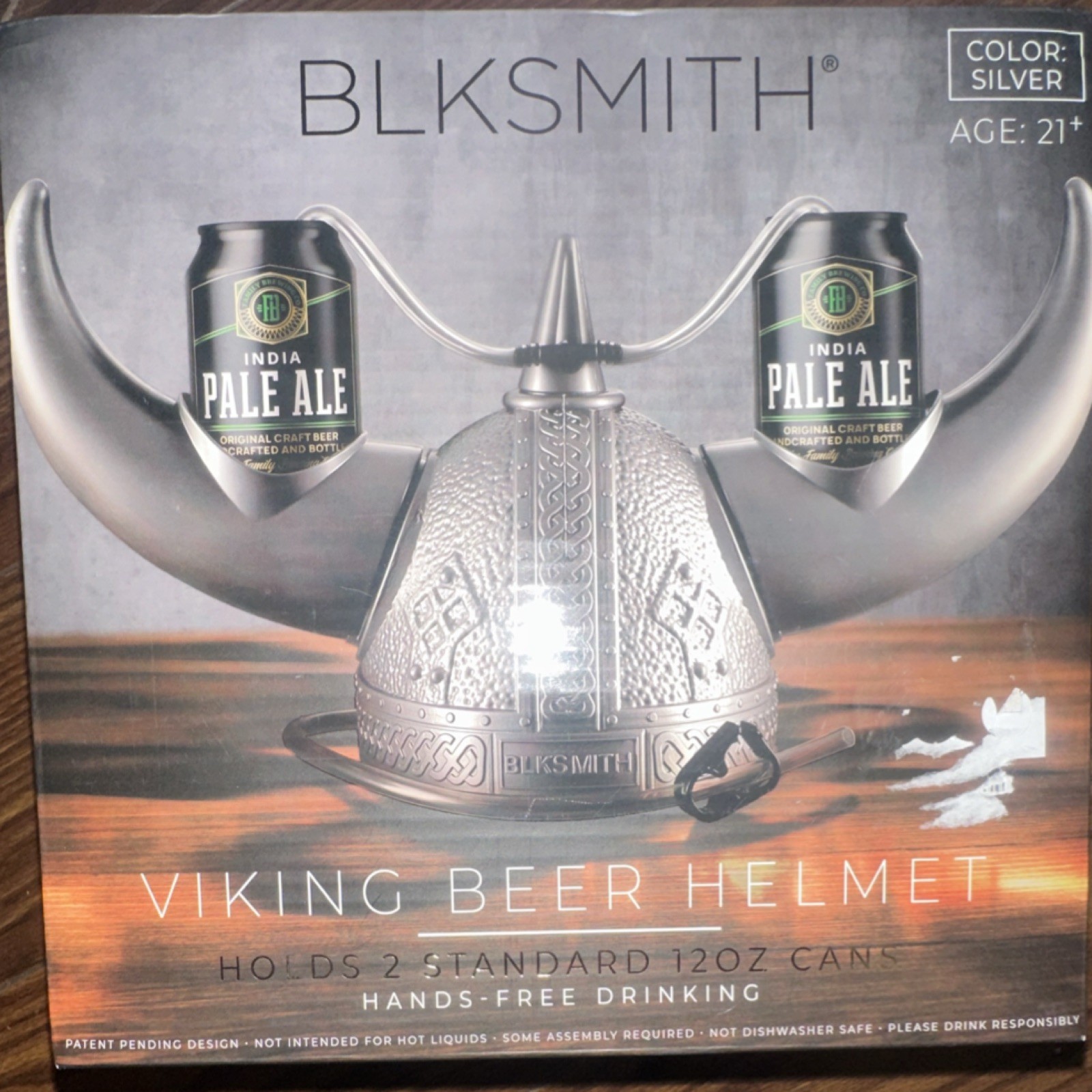 BLKSMITH Viking Beer Helmet Silver Holds 2 12oz Cans Hands-F