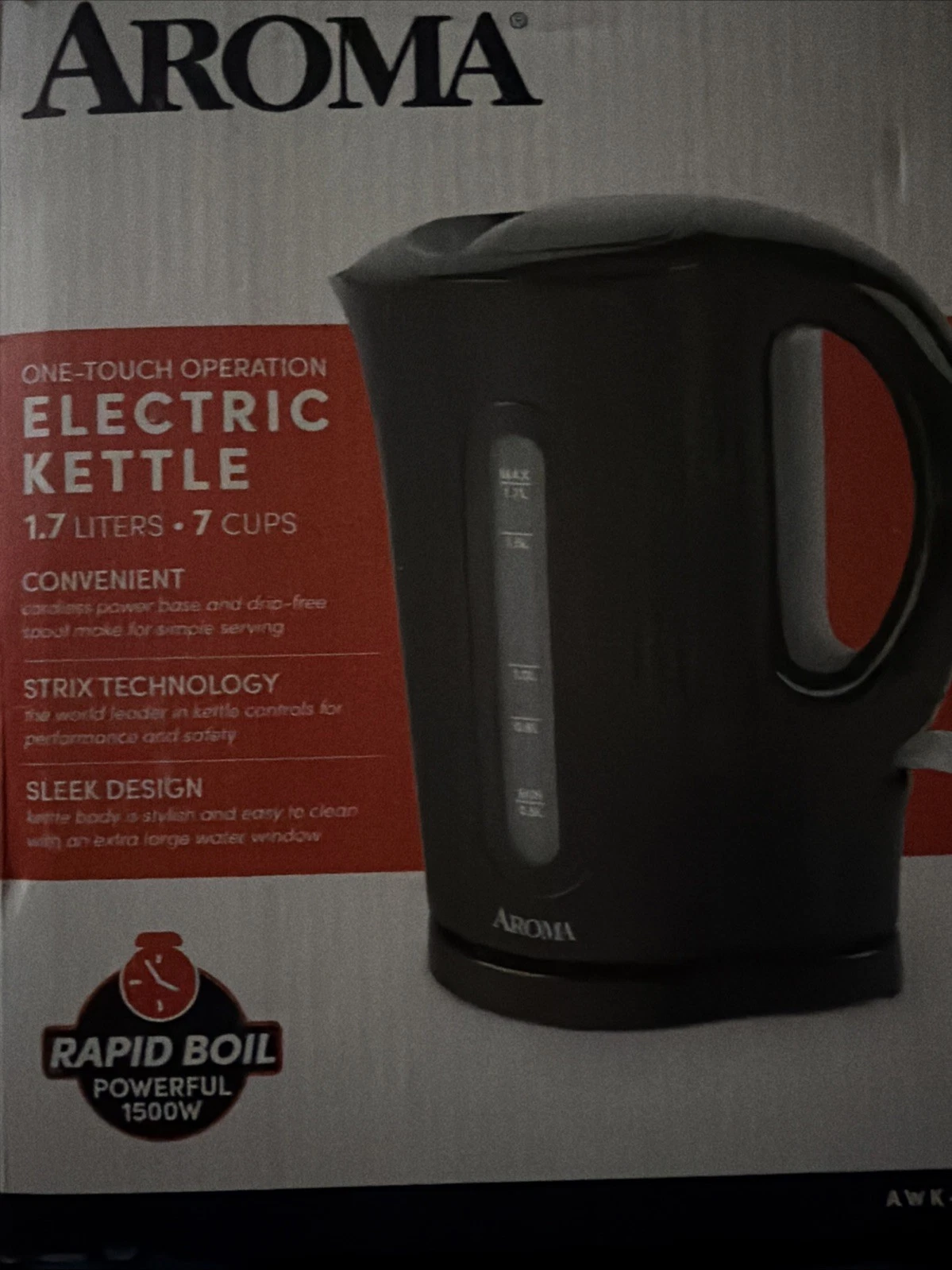 Aroma 1.7L 7 Cups Electric Kettle Black Dripless Spout 1500W New in Box