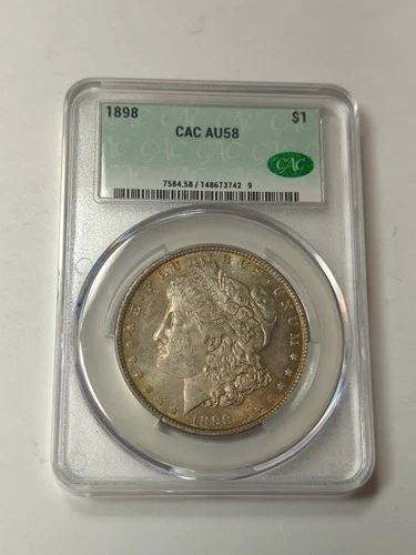 1898 P MORGAN SILVER DOLLAR, AU58, CAC CERTIFIED, NICELY TONED SILVER DOLLAR