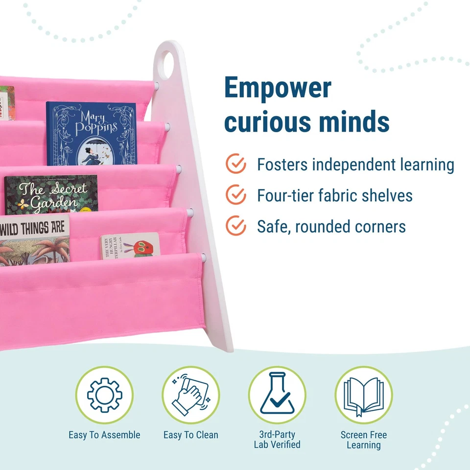 Kids White and Pink Modern Sling Bookshelf for Boys and Girls, Wooden Design ... - Изображение 3 из 4