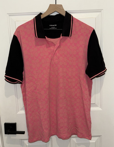 Polo Coach Monogram Firma Logo Uomo Large L Rosa Nera Vedi Foto HTF - Foto 1 di 14