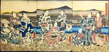 Antique Japanese Woodblock Print Triptych Kunisada Actors Enjoying Evening c1849