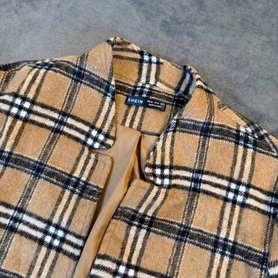 SHEIN Plaid Open Front Jacket Womens Extra Large Tan Check Lightweight Blazer