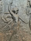 antique stamped tin fireplace cover or fireback “Lady Holding Torch Screen Metal — photo 3