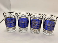 Vintage Mod France Moroccan Style Tea Glasses Blue and Gold Set of 4
