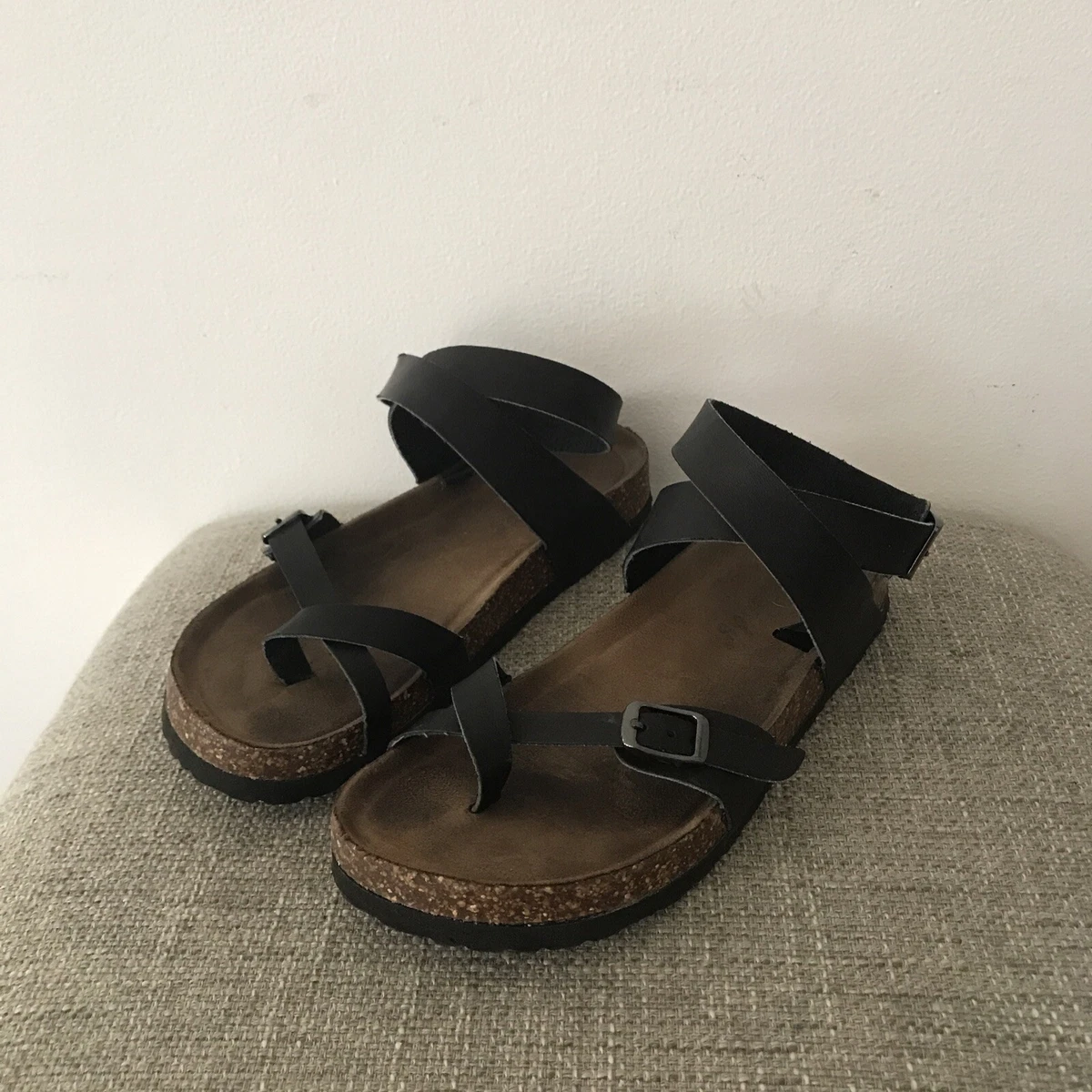 Outwoods Bork Strappy Vegan Leather Cork Sandals black Ankle Strap