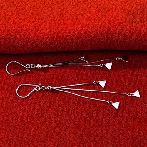 Pure Platinum 950 Women Lucky Triangle Snake Chain Tassel Dangle Earrings 3-3.1g - Picture 7 of 9