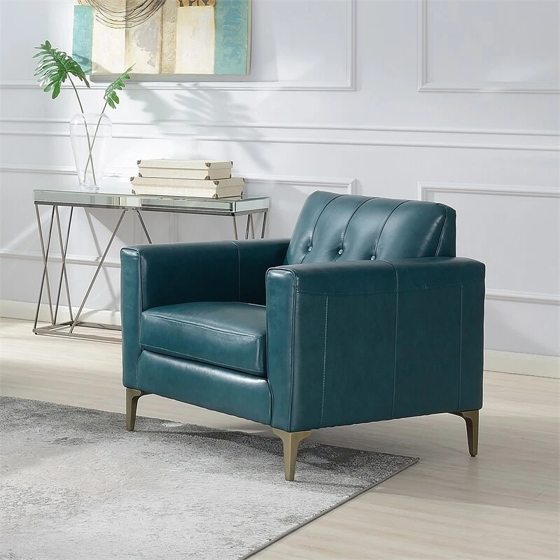 Maklaine Leather Accent Chair WIth Tufted Back In Turquoise eBay