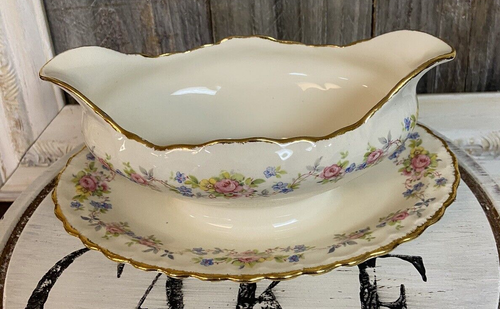 Vintage Pope Gosser Flora Bell China Gravy Boat W/ Attached Underplate