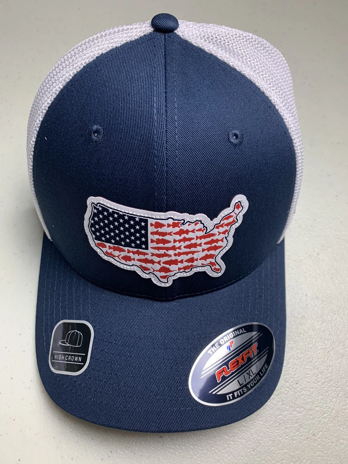 Columbia PFG Stateside Mens Blue Flexfit Fitted Mesh Baseball Hat Cap L/XL USA