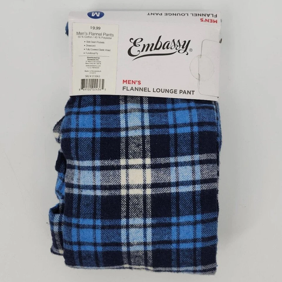 Embassy Men's Flannel Drawstring Straight Leg Plaid Lounge Pants Blue Medium NWT - Image 3 of 3