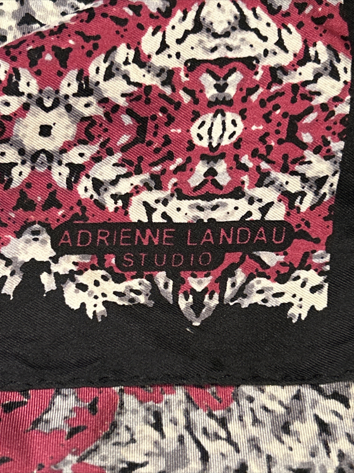 Adrienne Landau Studio 33” Square Luxurious Silk Scarf Black Grey Burgundy