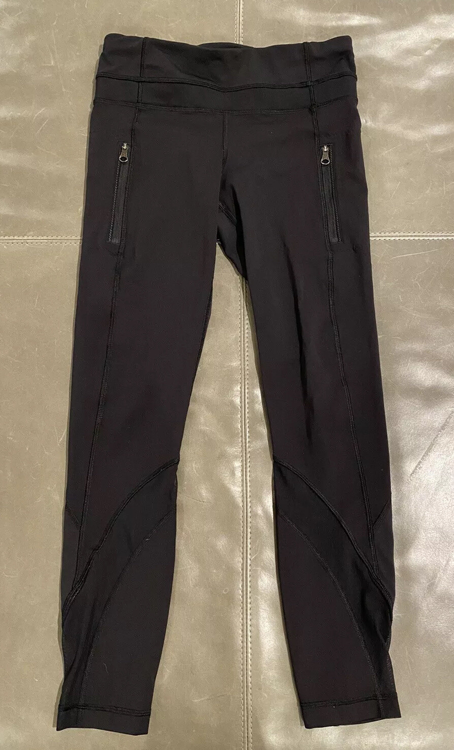 Lululemon Womens Crop Leggings Vertical Zipper Pocket Yoga Pants Black Sheer  2