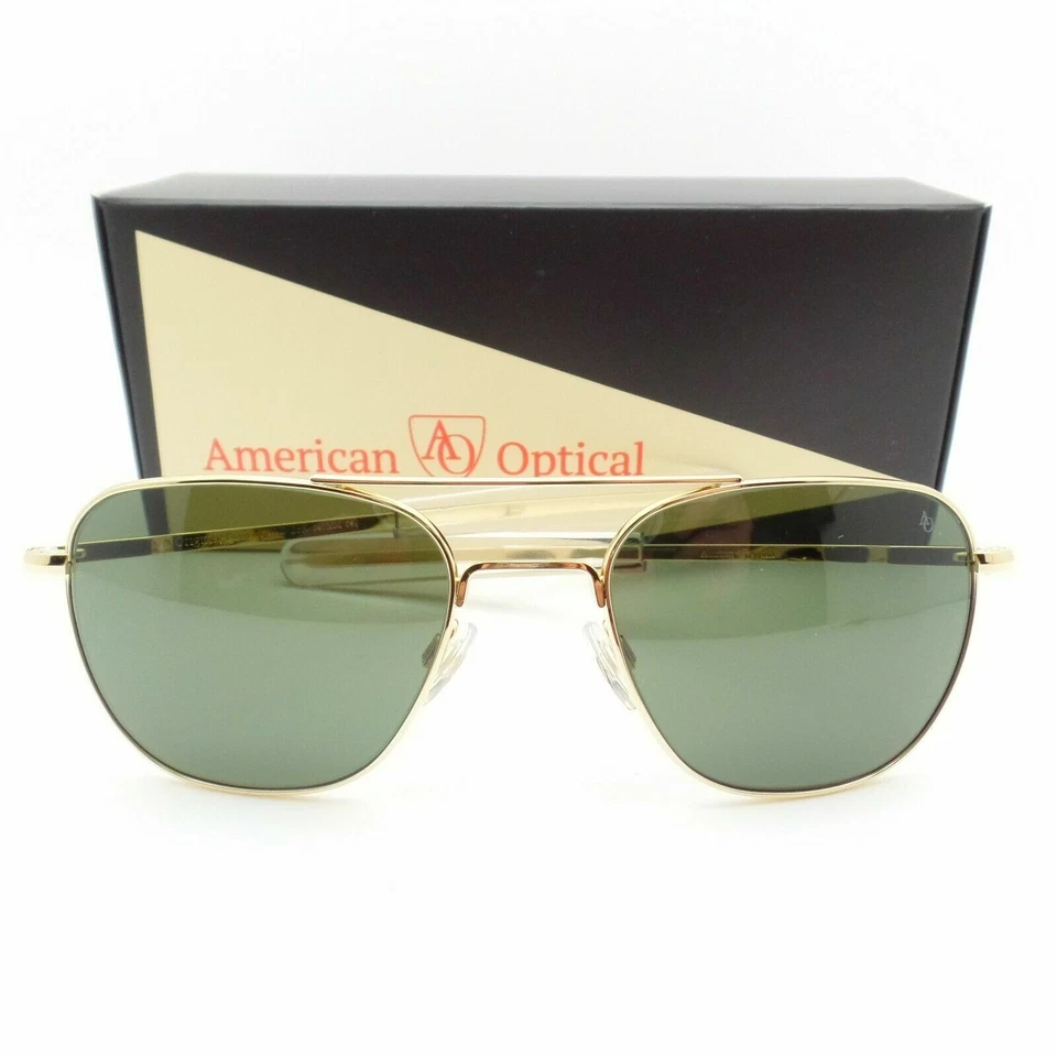 Occhiali da sole AO American Optical Original Pilot oro 23k lenti verdi opzioni nuovi - Immagine 2 di 3