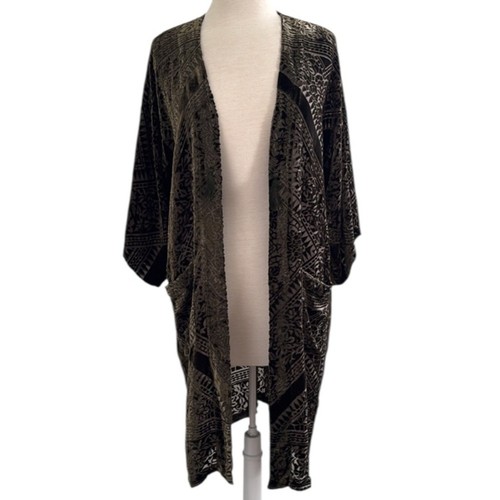 Johnny Was Jade Olive Green Burnout Velvet Duster Cardigan Kimono Boho Festival
