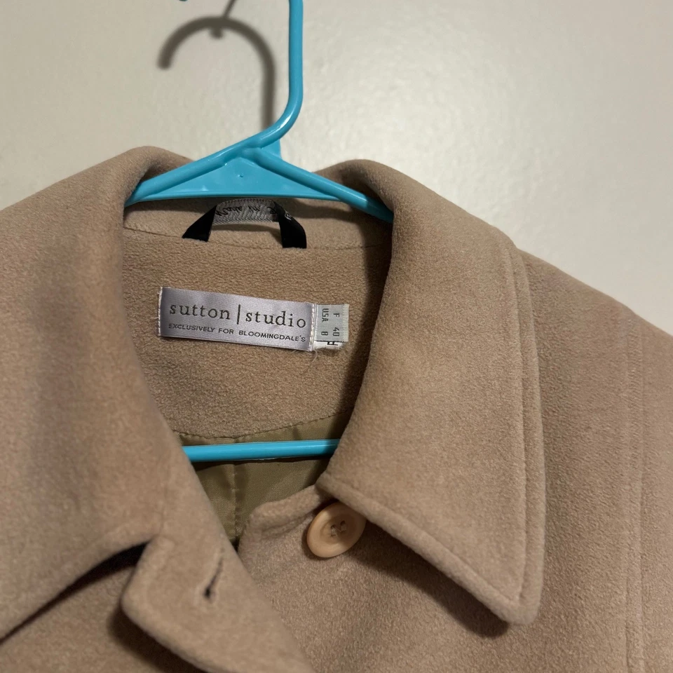 Sutton Studio Bloomingdales 女式米色羊毛混纺腰带外套 8 码 — 第 3/4 张图片