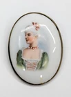 Antique Victorian Milk Glass Hand Painted Lady Green Dress Portrait Brass 1 5/8"
