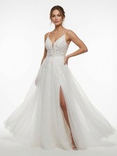 Women s Lace Tulle A-Line Wedding Dress Spaghetti Strap Bridal Gown Size 12