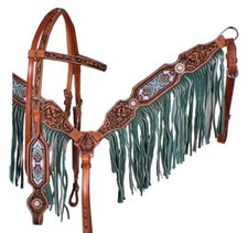 TURQUOISE FRINGE Beaded Inlay BreastCollar Browband Headstall 7' Split Reins Set