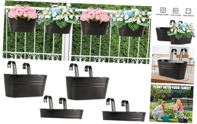 Pack Metal Iron Hanging Flower Pots 11 Inch Railing Fence Hanging 4 Black