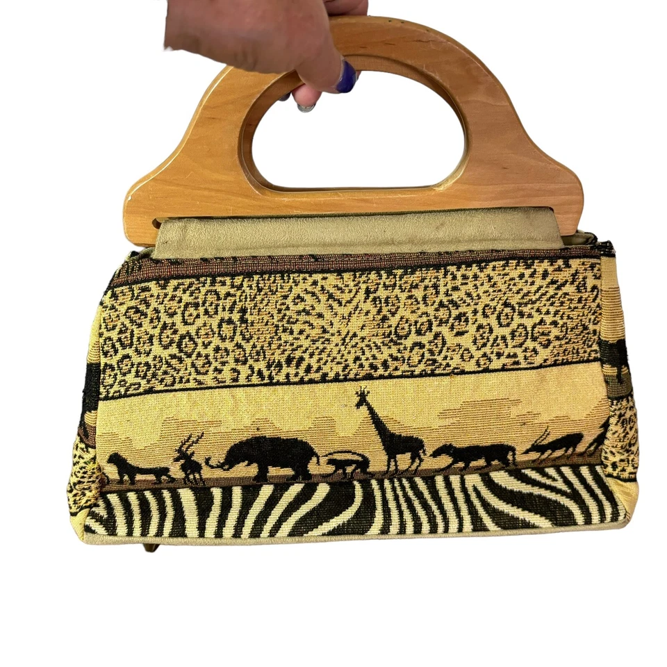 Bolso Jacquard Tapiz Vintage Tema Safari Animales Salvajes Asas de Madera Tachonado Foto 4 de 4