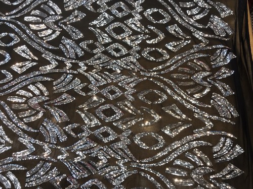 BLACK-SILVER GEOMETRIC DESIGN EMBROIDERY SEQUINS ON A 4 WAY STRETCH MESH-BY YARD - Picture 5 of 10