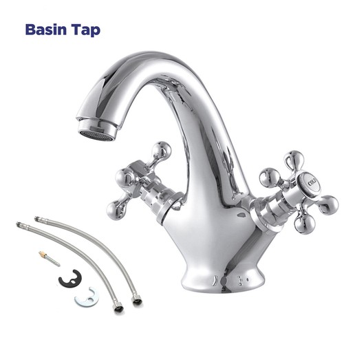 Victorian Basin Mixer Taps Chrome Brass Cross Handle Bathroom Sink Taps - Picture 10 of 13