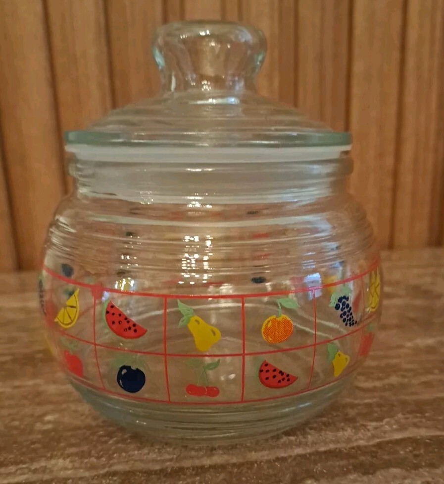 Vintage Clear Glass Cannisters (2) Flowers and Fruit Indonesia 5" High 