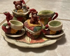 Miniature Resin Patchwork Teddy Bear Christmas Tea Set 10 Piece