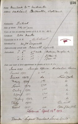RMS TITANIC WILLIAM MCMASTER MURDOCH 1ST OFFICER SERVICE RECORD