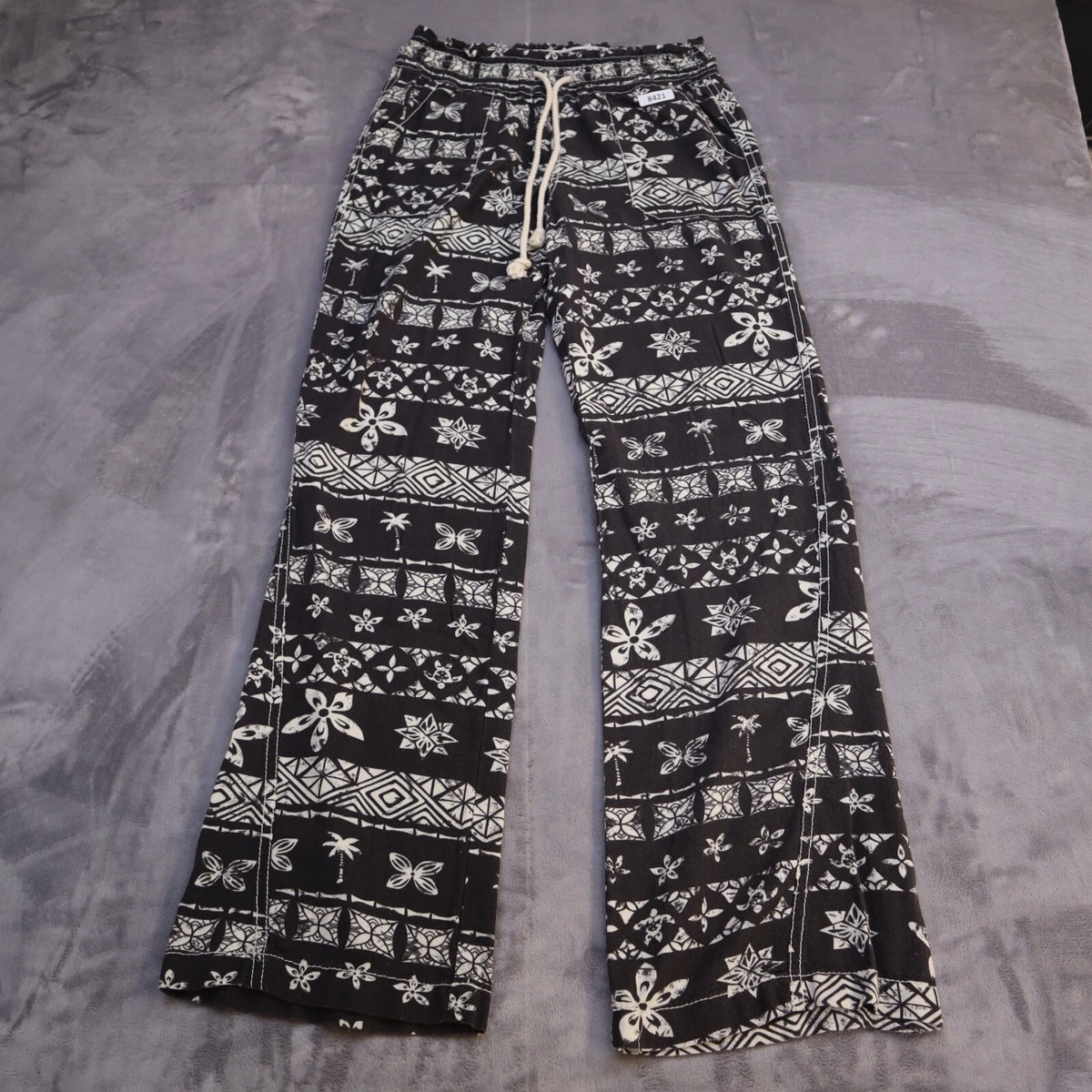 Cali 1850 Linen Pants Black White Bohemian Printed Drawstring