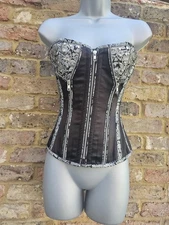 Black Satin Silver Brocade Studded Zip Up Burlesque Steel Boned Corset Size 22"