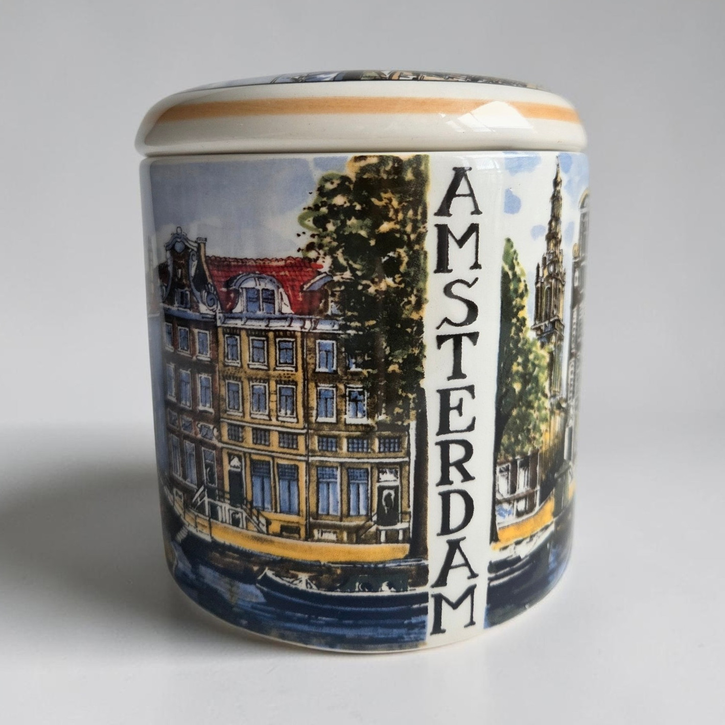 Vintage Delft Blue Amsterdam Holland Hand Painted Ceramic Lidded Trinket Jar