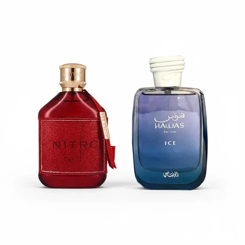 Hawas Ice by Rasasi and Nitro Red by Dumont EDP 3.4 oz 2-Piece Combo Pack for Men