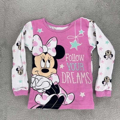 Disney Minnie Mouse Pajama Top Long Sleeve Follow Your Dreams Pink White Size 4T