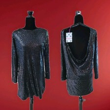 NWT Black Sequin Mini Shift Dress Open Draped Back Sz 6 Sexy New Years Eve Dress