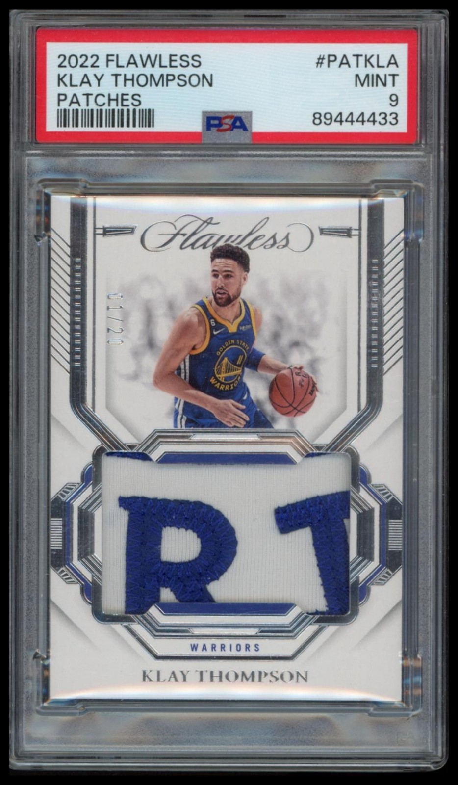 2022-23 Panini Flawless Klay Thompson Game Worn Patch Jersey # 11/20 PSA 8