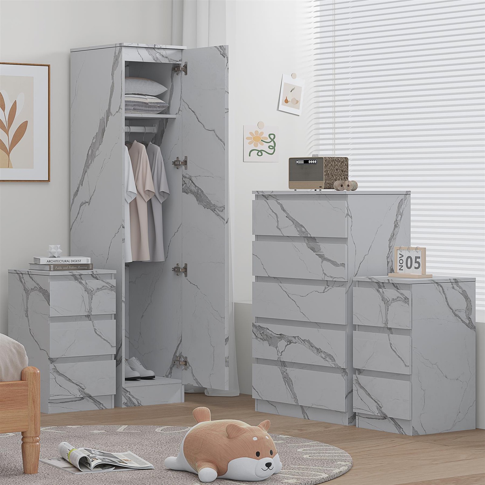 ZITA Bedroom Set: 1 Door Wardrobe, Tall Chest & 2 Bedsides - White Marble Effect