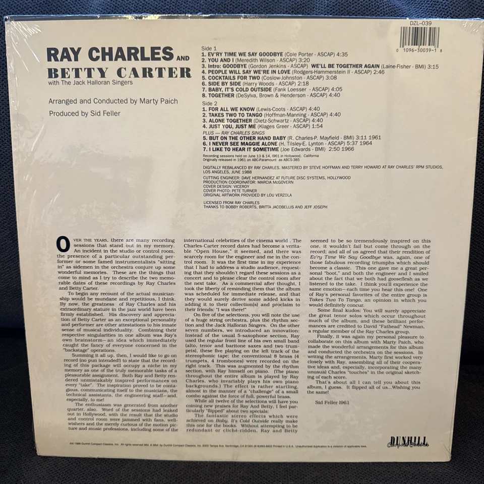 Audiophile 180g DCC Clear Vinyl Ray Charles and Betty Carter NM Play Tested - Image 4 of 4