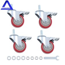4PCS 3" Heavy Duty Stem Casters with Brake 900LBS, 360 Degree Swivel, M12-1.75