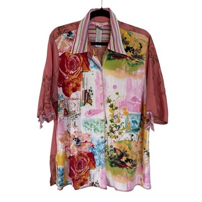 Alain Weiz Maximalist Top Colorful Art To Wear Hippie Button Down Euro Size 20
