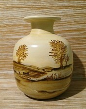 RUPERT ANDREWS Mocha Ware Studio Pottery Trees Landscape Vase 10.5cm High (B38)