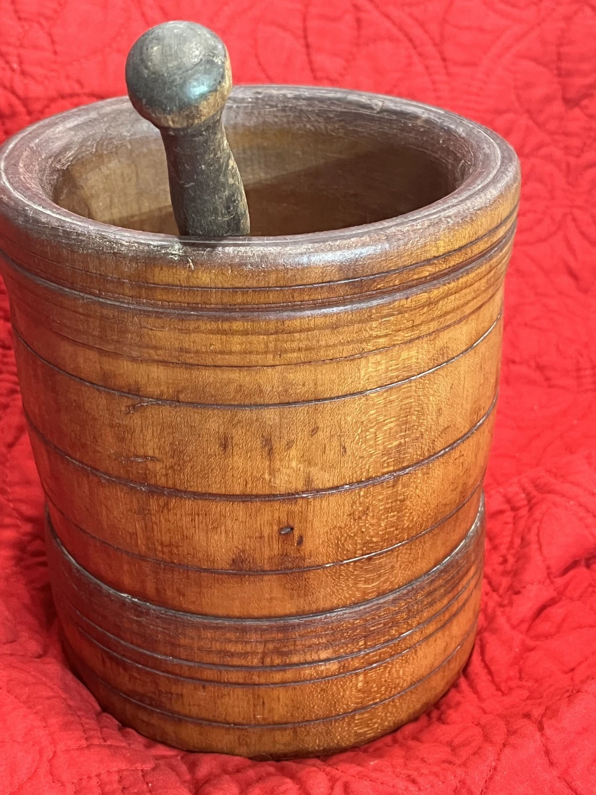 Vintage Antique Hand-turned Wooden Mortar and Pestle Carved Farmhouse Primitive