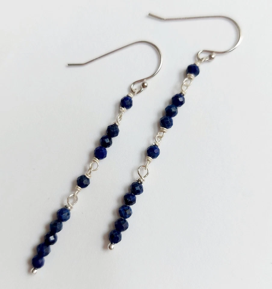 Orecchini pendenti in argento 925 con lapislazzuli naturali sfaccettati da 3 mm - Immagine 4 di 4